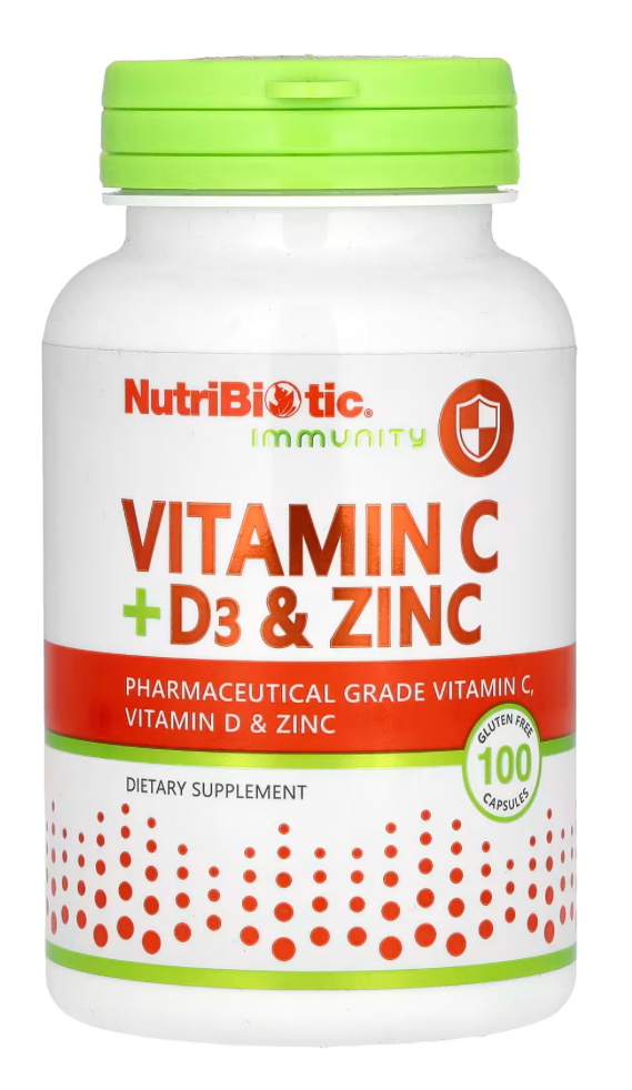 NutriBiotic, Immunity, вітаміни C + D3 та цинк, 100 капсул